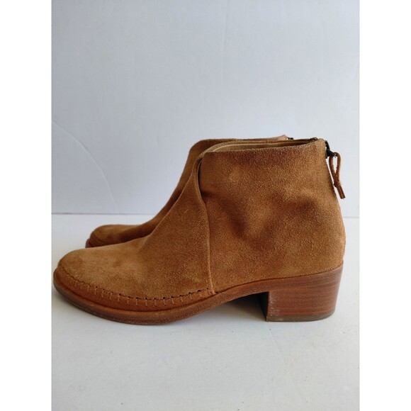 Soludos Sz 5.5 Beige Suede Pointed Toe Booties w/Wood Stacked Low Heel Back Zip - Picture 6 of 7